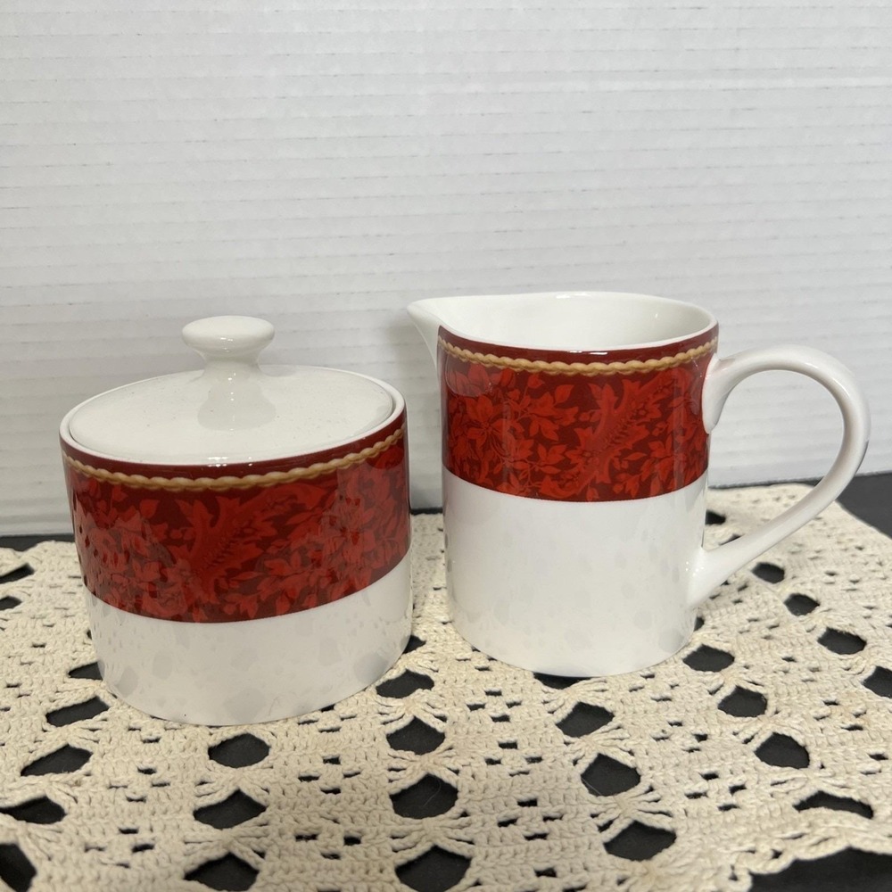 Hallmark HOLIDAY ABUNDANCE 10oz Cream & Sugar Set 3Pc Christmas Sakura Red - Picture 2 of 5